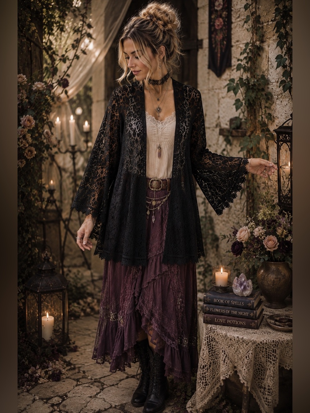 Haute Society Black Lace Sheer Kimono Cardigan Sz M Romantic Goth Fairycore Boho
